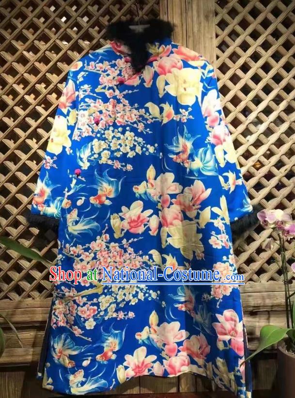 China National Costume Traditional Printing Mangnolia Blue Cloth Jacket Upper Outer Garment