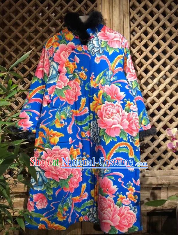 China Traditional Printing Phoenix Peony Royalblue Cloth Jacket National Costume Upper Outer Garment