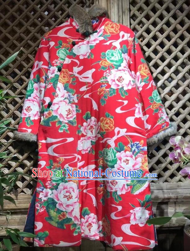 China Traditional Printing Peony Cotton Padded Jacket Upper Outer Garment National Costume