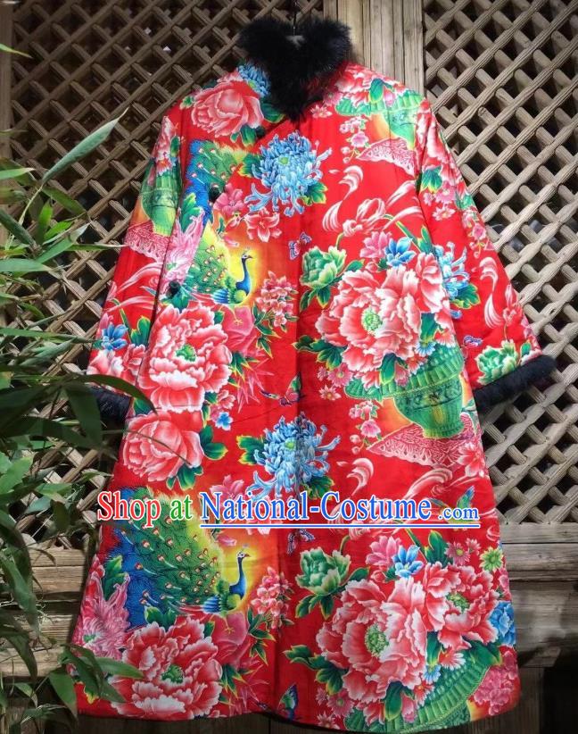 China Traditional Printing Peacock Peony Cotton Padded Coat National Wedding Upper Outer Garment Winter Costume