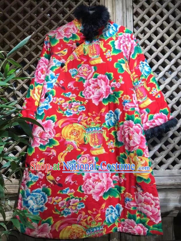 China Traditional Printing Peony Lantern Cotton Padded Coat National Wedding Upper Outer Garment Tang Suit Costume