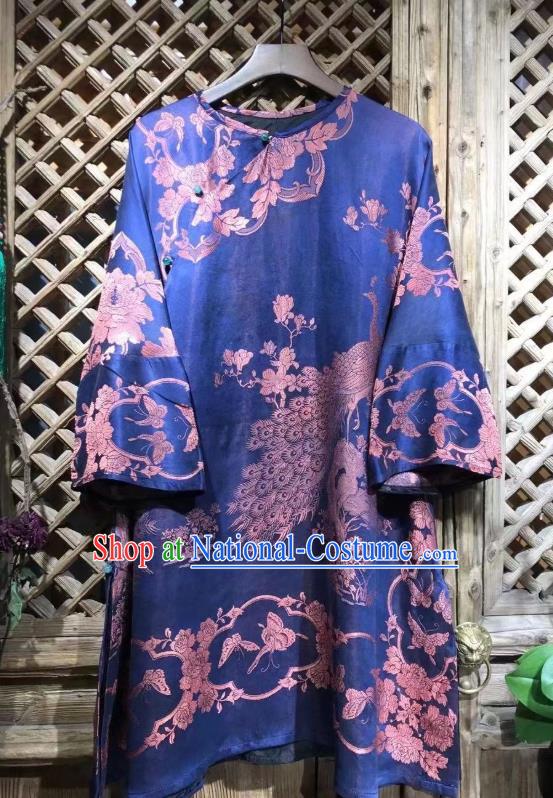 China Traditional Peacock Pattern Blue Silk Shirt National Upper Outer Garment Tang Suit Costume