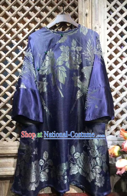 China National Upper Outer Garment Tang Suit Costume Traditional Phoenix Peony Pattern Purple Silk Shirt