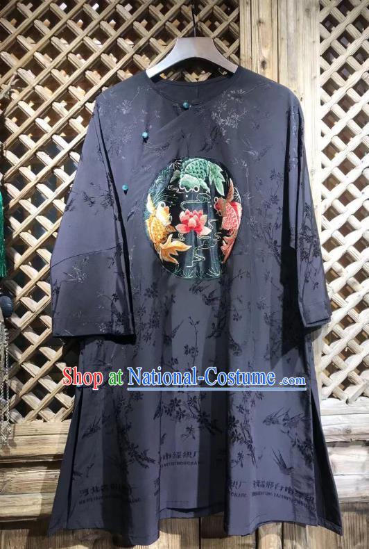 China Embroidered Lotus Fish Blouse National Tang Suit Upper Outer Garment Costume Traditional Navy Silk Shirt