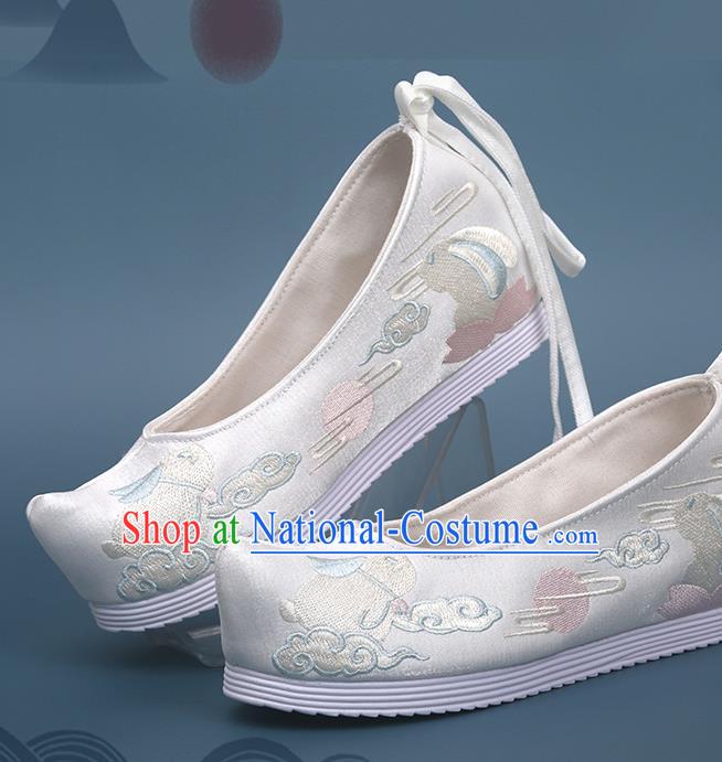 China Hanfu Bow Shoes Traditional Shoes Handmade National White Satin Shoes Embroidered Moon Rabbit Shoes