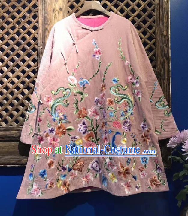 China Embroidered Flowers Cotton Padded Jacket Traditional National Tang Suit Upper Outer Garment