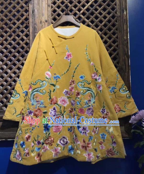 China National Tang Suit Upper Outer Garment Traditional Yellow Coat Embroidered Flowers Cotton Padded Jacket