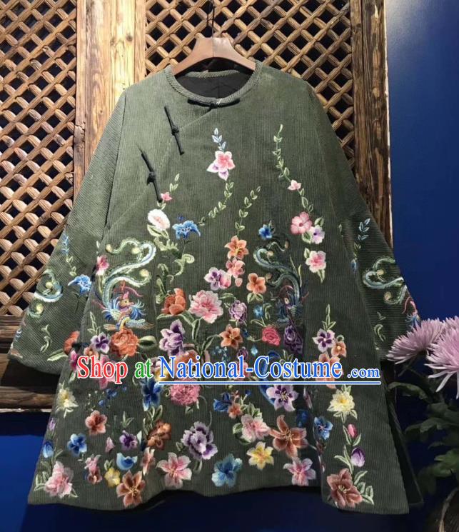 China Traditional Embroidered Flowers Cotton Padded Jacket National Tang Suit Upper Outer Garment Atrovirens Coat