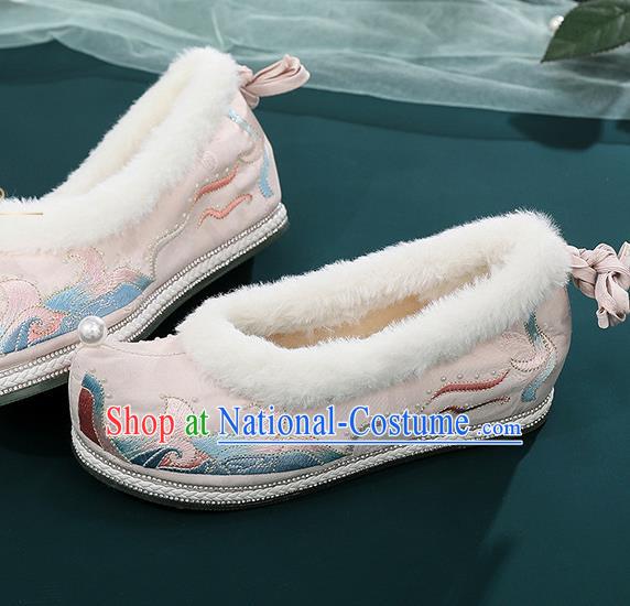 China Traditional Winter Shoes Handmade National Pink Cloth Shoes Embroidered Shoes Hanfu Bow Shoes