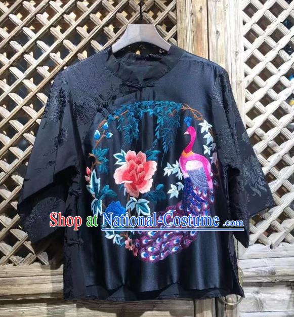 China National Tang Suit Blouse Upper Outer Garment Traditional Embroidered Peony Peacock Navy Silk Shirt