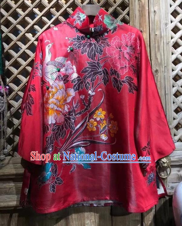 China Traditional Red Silk Jacket National Tang Suit Upper Outer Garment Classical Peacock Pattern Coat