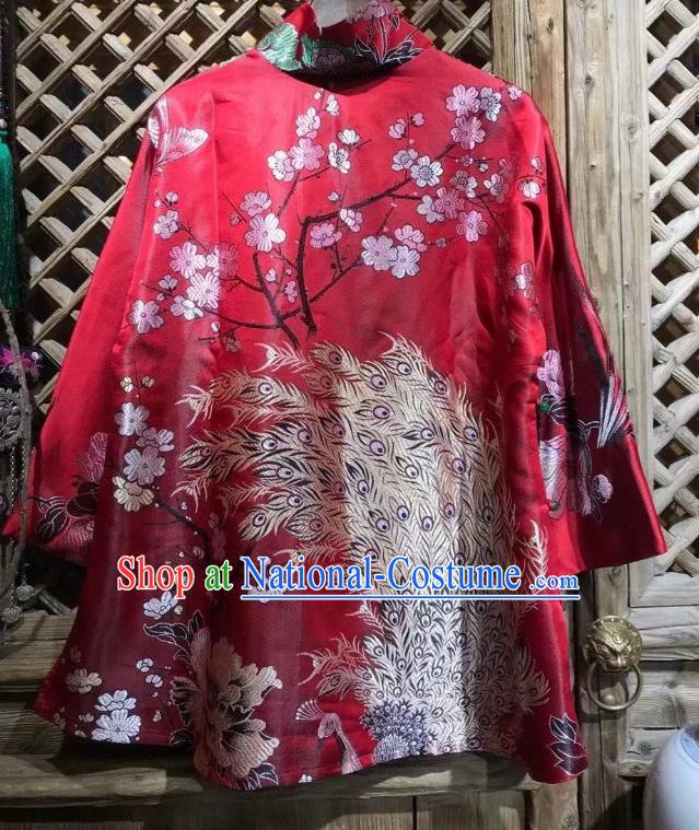 China Traditional Red Silk Jacket National Tang Suit Upper Outer Garment Classical Peacock Pattern Coat