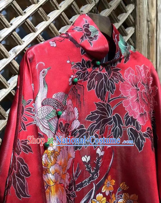 China National CostuChina Traditional Red Silk Jacket National Tang Suit Upper Outer Garment Classical Peacock Pattern Coatme Traditional Printing Mangnolia Blue Cloth Jacket Upper Outer Garment