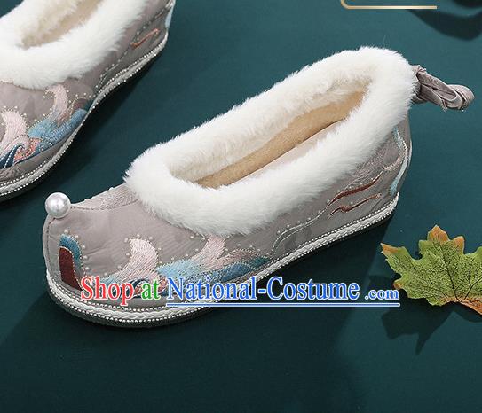 China Handmade National Grey Cloth Shoes Embroidered Shoes Hanfu Bow Shoes Traditional Winter Shoes