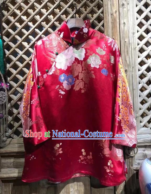 China National Tang Suit Upper Outer Garment Classical Peony Pattern Coat Traditional Red Silk Jacket