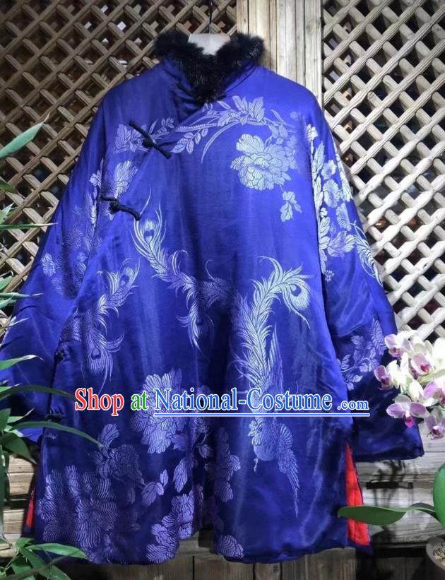 China National Tang Suit Outer Garment Blue Silk Cotton Wadded Coat Traditional Phoenix Peony Pattern Jacket