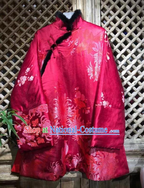 China Traditional Chrysanthemum Pattern Jacket National Tang Suit Outer Garment Rosy Silk Cotton Wadded Coat