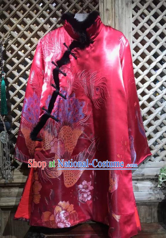 China National Tang Suit Outer Garment Rosy Silk Cotton Wadded Coat Traditional Phoenix Pattern Jacket