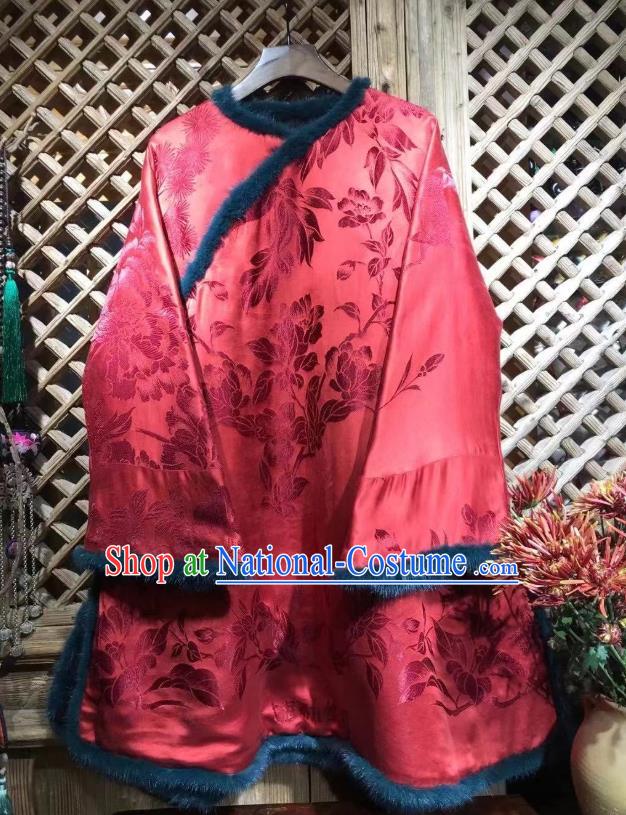 China Traditional Flowers Pattern Jacket National Tang Suit Outer Garment Red Silk Cotton Wadded Coat