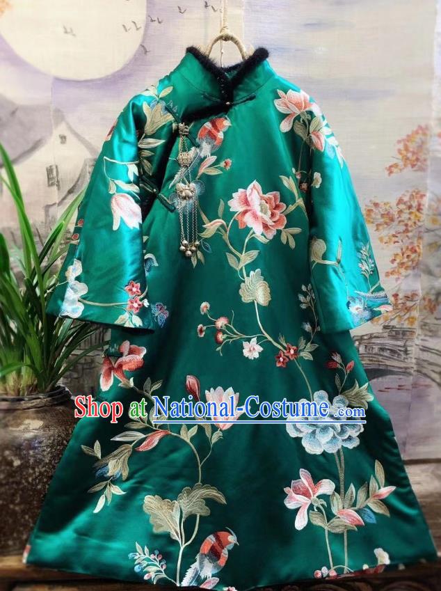 China Traditional Embroidered Peony Cotton Padded Jacket National Tang Suit Outer Garment Green Silk Coat