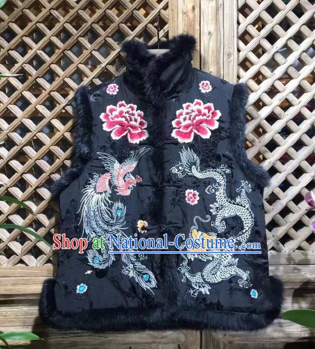 Republic of China Tang Suit Black Silk Waistcoat Embroidered Dragon Phoenix Vest