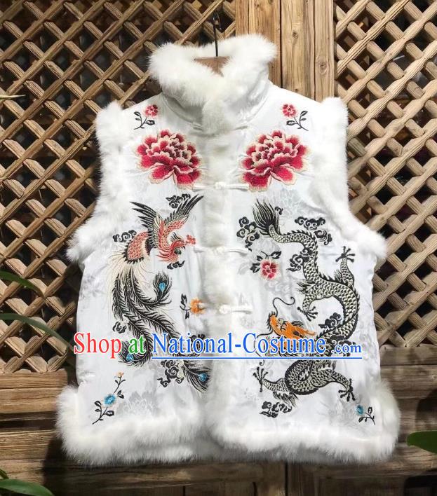 Republic of China Tang Suit White Silk Waistcoat Embroidered Dragon Phoenix Cotton Padded Vest