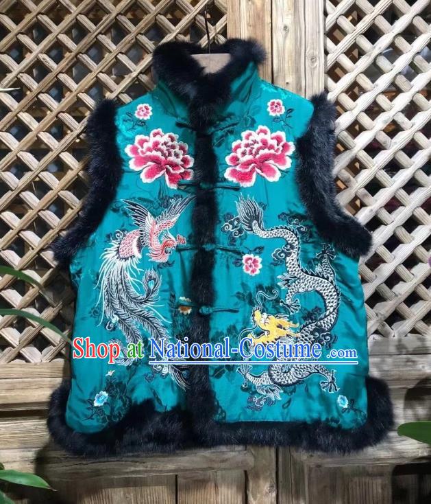 Republic of China Embroidered Dragon Phoenix Cotton Padded Vest Tang Suit Blue Silk Waistcoat