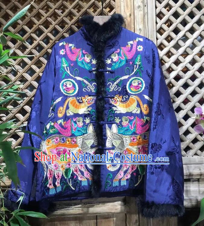 China Traditional Embroidered Cotton Padded Jacket National Tang Suit Outer Garment Royalblue Silk Coat