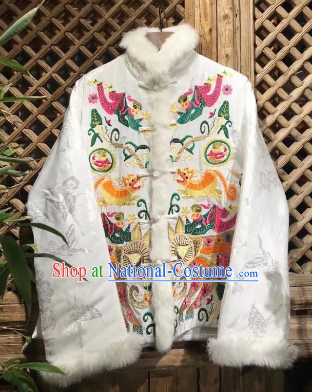 China Tang Suit White Silk Coat Traditional Embroidered Cotton Padded Jacket National Outer Garment