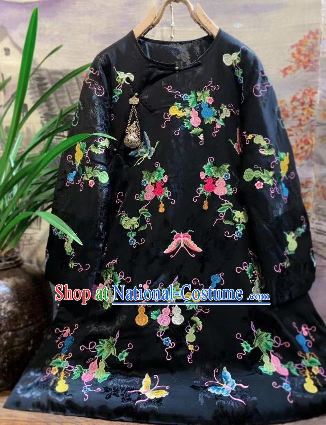 China Tang Suit Black Satin Cotton Padded Coat Traditional Embroidered Butterfly Jacket National Outer Garment