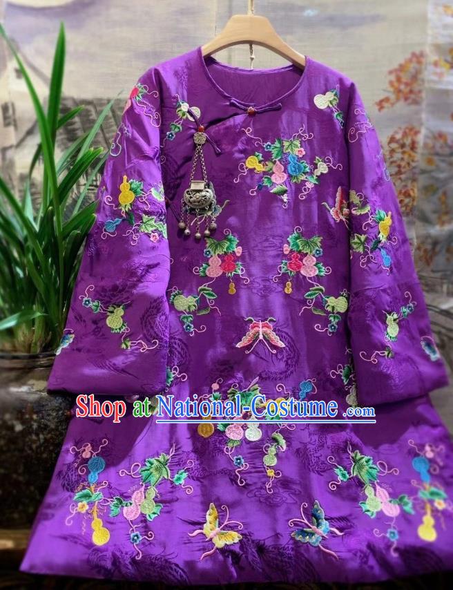 China Traditional Embroidered Butterfly Purple Silk Jacket National Outer Garment Tang Suit Cotton Padded Coat