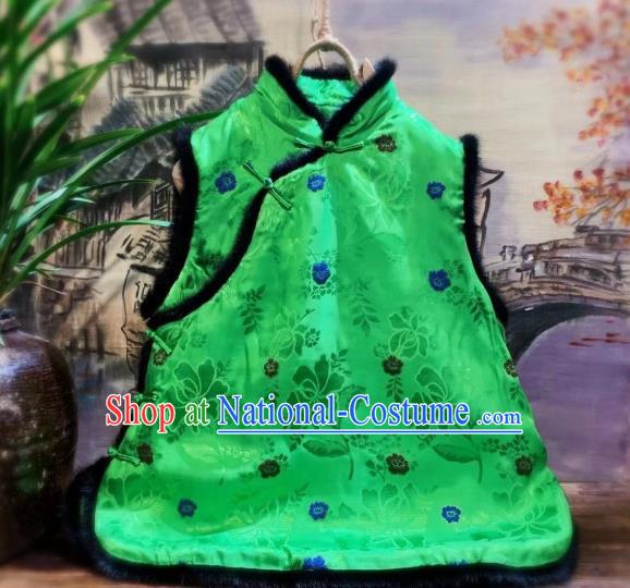 China Women Upper Outer Garment Clothing Tang Suit Green Silk Waistcoat National Winter Vest