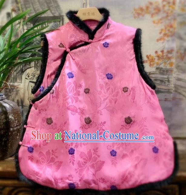 China National Winter Vest Women Clothing Tang Suit Pink Silk Waistcoat