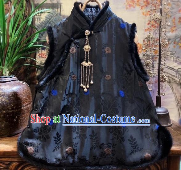 China Tang Suit Black Silk Waistcoat National Winter Vest Women Upper Outer Garment Clothing