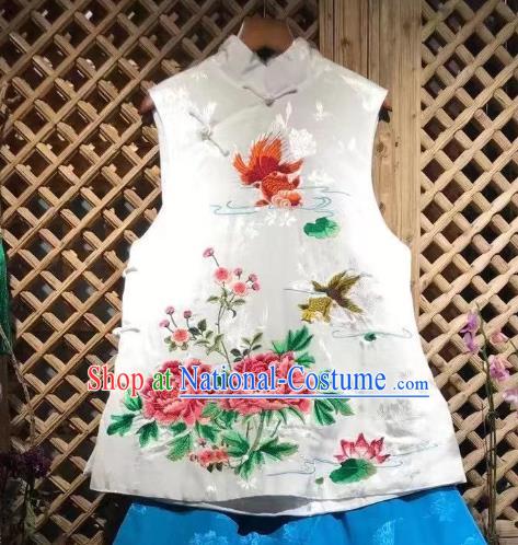 Republic of China Tang Suit White Silk Waistcoat Embroidered Peony Vest Clothing