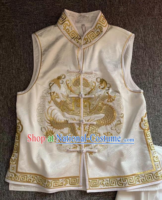 Republic of China Embroidered Dragon Vest Clothing Tang Suit White Silk Waistcoat