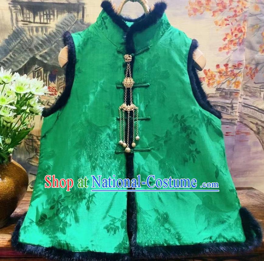 China National Women Upper Outer Garment Winter Clothing Peacock Pattern Silk Vest Tang Suit Green Waistcoat