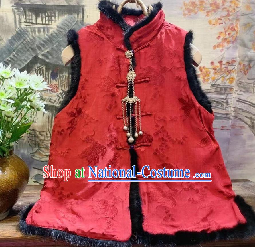 China Goldfish Pattern Silk Vest Tang Suit Red Waistcoat National Women Upper Outer Garment Winter Clothing