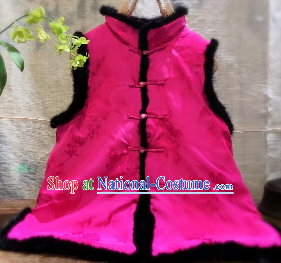 China National Women Upper Outer Garment Winter Clothing Peacock Pattern Silk Vest Tang Suit Rosy Waistcoat