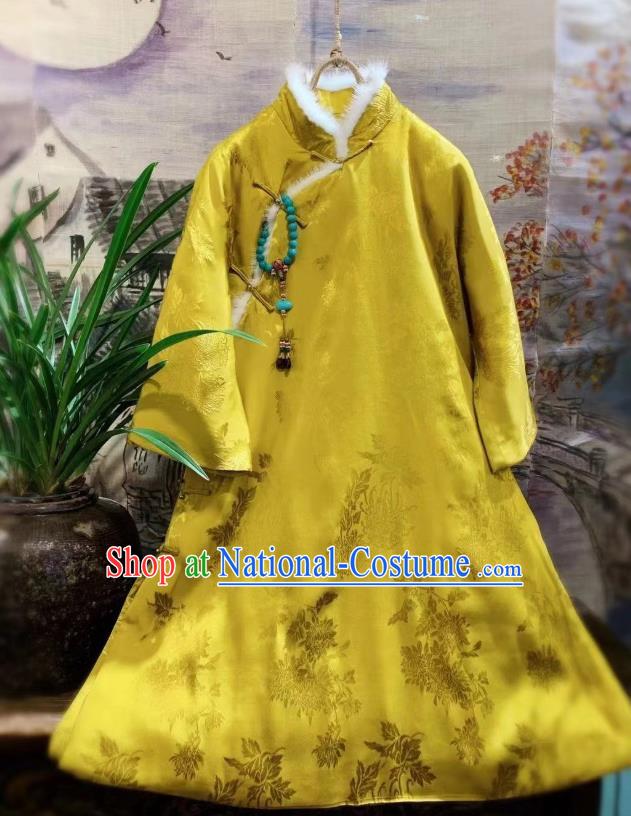 China Tang Suit Cotton Padded Coat Traditional Chrysanthemum Pattern Yellow Silk Jacket National Outer Garment