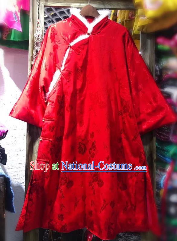 China Traditional Silk Jacket National Outer Garment Tang Suit Red Cotton Padded Coat