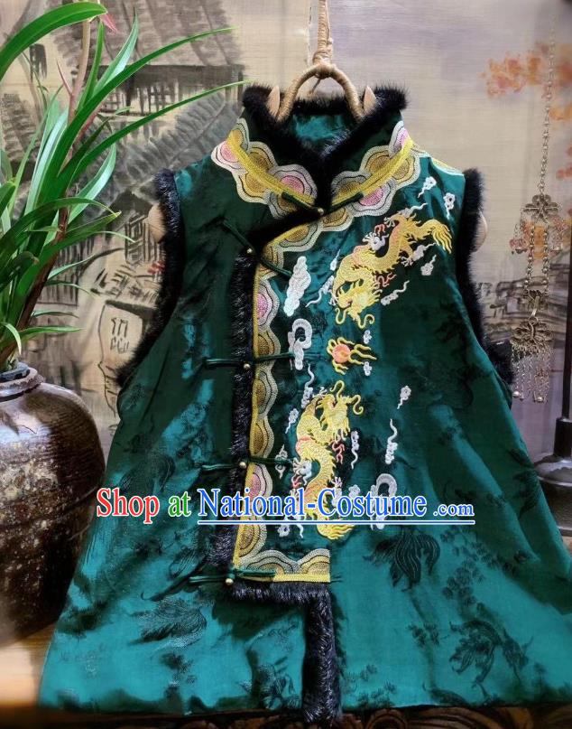 China Tang Suit Silk Waistcoat National Upper Outer Garment Clothing Embroidered Dragon Green Vest