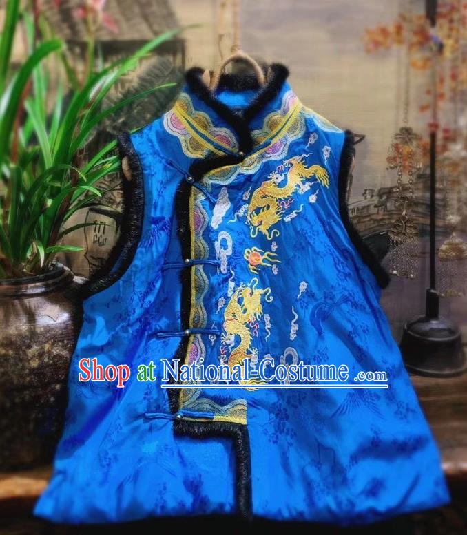 China National Upper Outer Garment Clothing Embroidered Dragon Royalblue Vest Tang Suit Silk Waistcoat