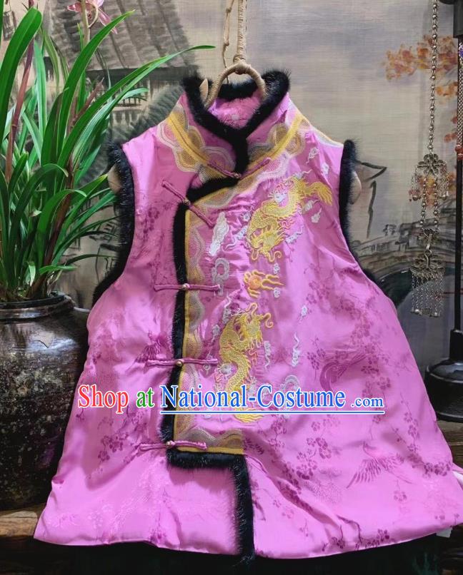 China Tang Suit Pink Silk Waistcoat National Upper Outer Garment Clothing Embroidered Dragon Vest