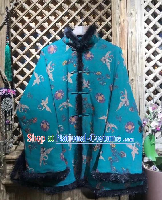 China National New Year Outer Garment Traditional Cranes Pattern Blue Jacket Tang Suit Cotton Padded Coat