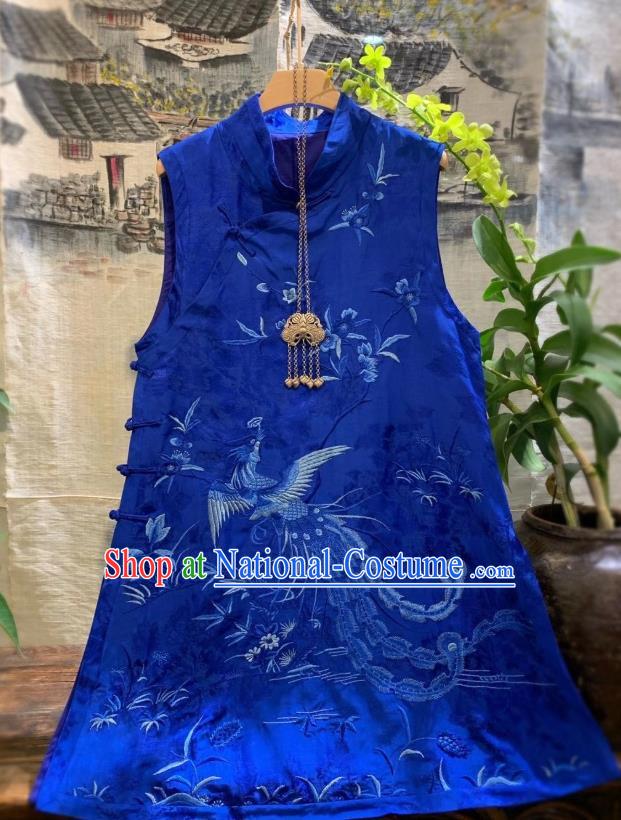 China Tang Suit Royalblue Silk Waistcoat National Clothing Embroidered Phoenix Vest