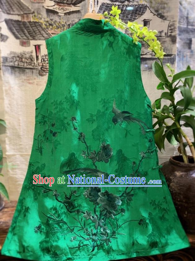 China Embroidered Phoenix Vest Tang Suit Green Silk Waistcoat National Clothing