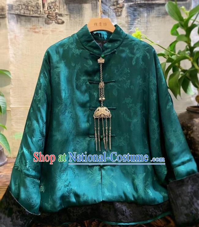 China Traditional Green Silk Jacket National Outer Garment Tang Suit Cotton Padded Coat