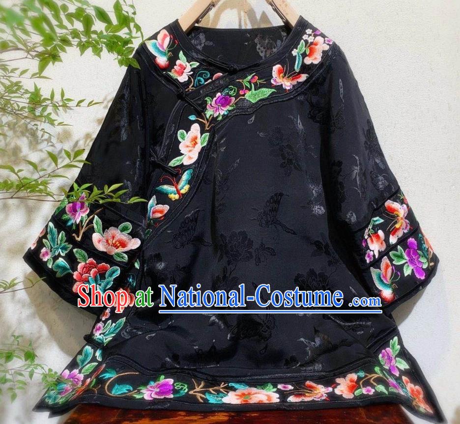 China Tang Suit Embroidered Blouse Traditional Qing Dynasty Women Black Silk Jacket