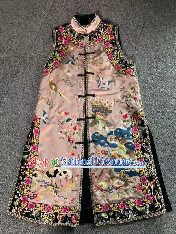 China Tang Suit Pink Silk Long Waistcoat National Female Clothing Embroidered Birds Cotton Wadded Vest